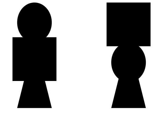 4a (left) and 4b (right). Two shapes composed of the same parts in different spatial arrangements.